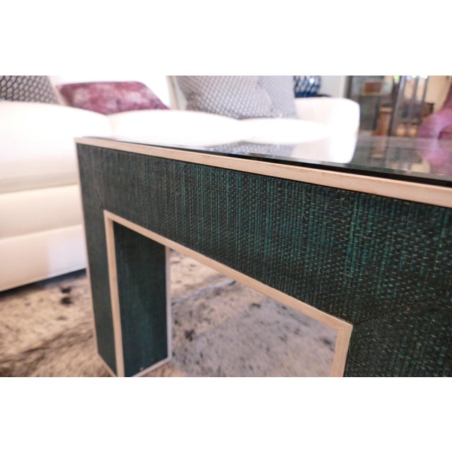 Contemporary Teal Grasscloth Coffee Table | Chairish