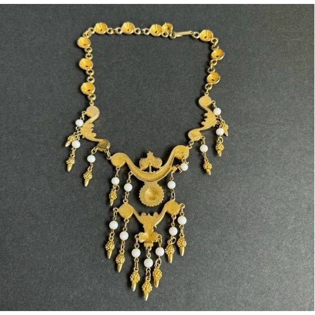 Metal Gold Tone Bib Statement Necklace Waterfall Pendants Etruscan Revival Maximalist Vendome For Sale - Image 7 of 11