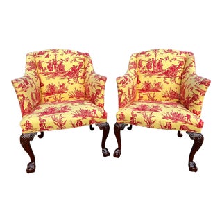 2010's Southwood Mahogany Clawfoot Toile Club Chairs - a Pair For Sale