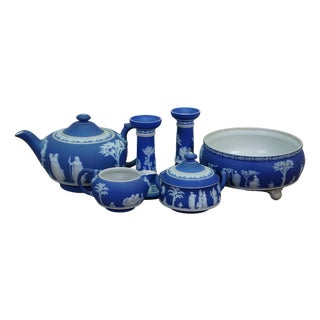 Vintage Wedgwood Blue Jasperware Candlesticks Creamer Sugar Teapot Bowl Compote - Set of 6 For Sale
