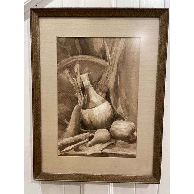 Chestnut Neutral Stilllife Painting Unsigned - Creams and Browns, Bottle and Veggies For Sale - Image 8 of 8