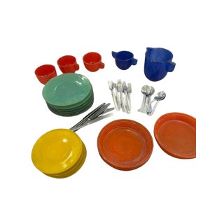 1930s J. Pressman & Co. Vintage Molded Depression Glass Children’s Toy Tea & Dinnerware Set - Set of 38 For Sale