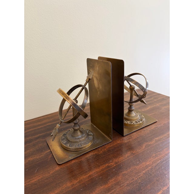 1980s Neoclassical Cast Brass Celestial Armillary Sundial Bookends, Pair For Sale - Image 4 of 9