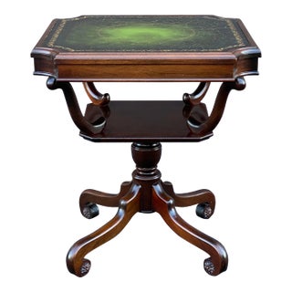 Antique Regency Style Mahogany Scroll Foot Center Table With Tooled Green Leather Top For Sale