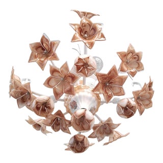 Vintage Italian Porcelain & Amber Brown Murano Glass Flower Chandelier For Sale