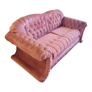 Vintage Tufted Hollywood Regency Dorothy Draper Style Velvet Dusty Rose Upholstered Rolled Arms Love Seat Sofa