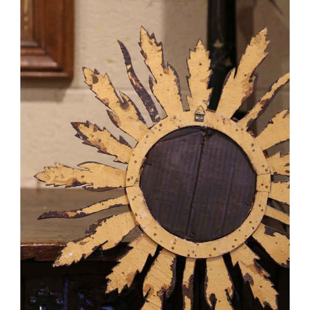 Gold Mid-Century French Carved Giltwood Painted Wall Sunburst Mirror For Sale - Image 8 of 8