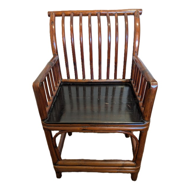 Antique Chinese Bamboo Armchair With Slatted Back and Lacquered Base For Sale