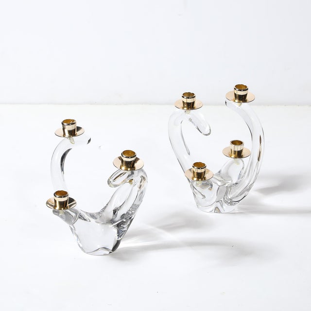 Pair of Mid-Century Amorphic Crystal & Brass 4 Arm Candelabras Signed Schneider For Sale - Image 10 of 15