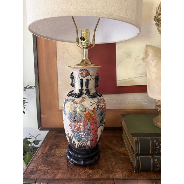 Chinoiserie Vintage Asian Peacock Crackle Glaze Table Lamp For Sale - Image 3 of 12