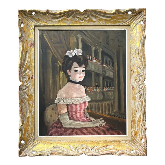 Original French Oil Painting Girl at the Opera by M. Valmain C.1950 Mid Century For Sale