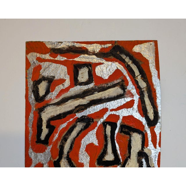 Abstract Vintage Mid-Century Primitivist Mixed Media Abstract Acrylic Metal Foil Board For Sale - Image 3 of 4