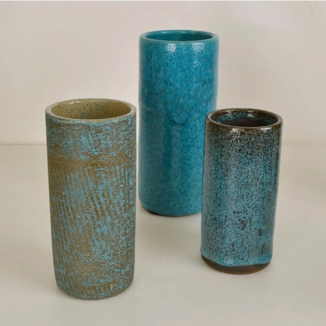 Blue Ceramic Cylinder Vases by Groeneveldt, Set of 10 For Sale - Image 13 of 14
