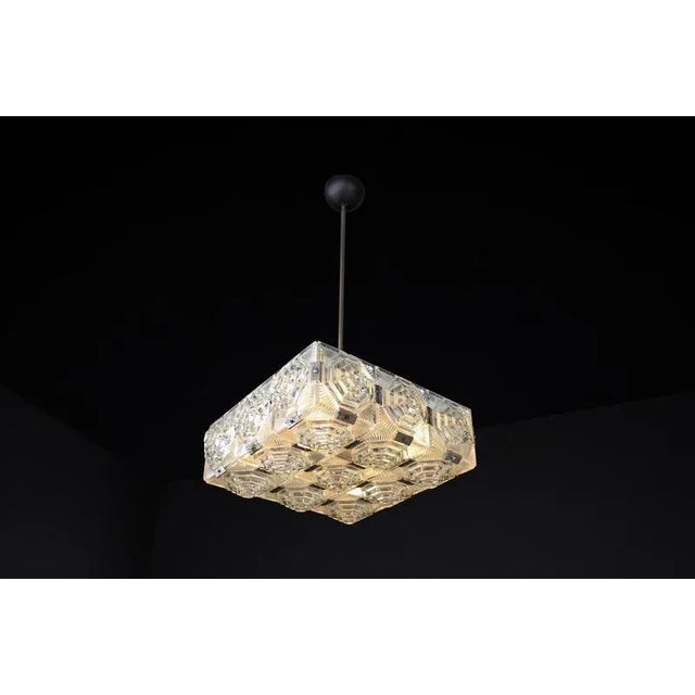 Bohemian mid-century modern glass & chrome chandelier, czechoslovakia, 1970s – 21 glass elements, restored (12+ available,...