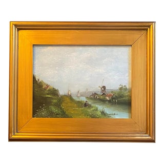 Oil Painting on Board of a Boy Fishing, Framed For Sale