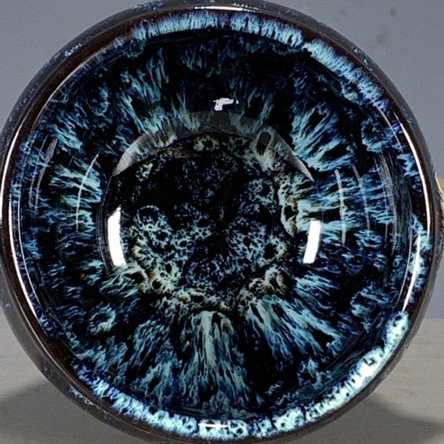 Vintage Flambé Glazed Porcelain Teacup – Blue Splash Effect, Beast-Head Handles For Sale - Image 4 of 9