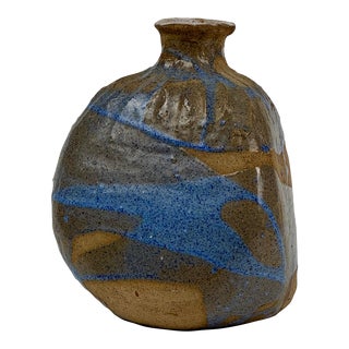 Vintage Ceramic Vase With Blue Drip Glaze in Triangular Form Circa 1977 For Sale