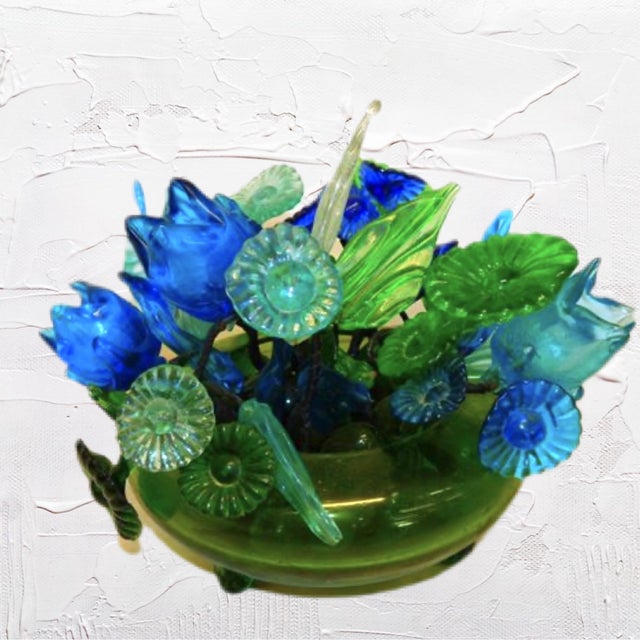 Vintage MidCentury Glass Flower Arrangement in Footed Green Glass Bowl