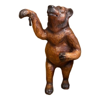 Large Standing Bear Sculpture Sculpted Leather With Glass Eyes For Sale
