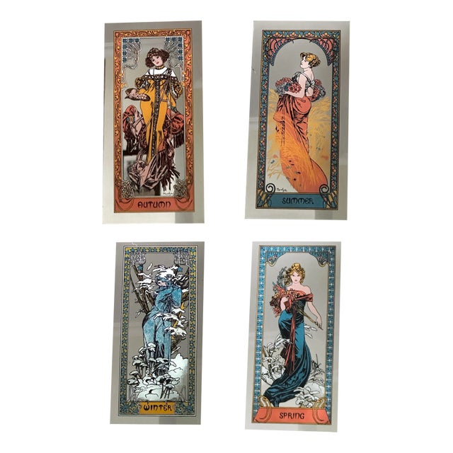 The Four Seasons Mirror Panels after Alfons Mucha, 1970s, Set of 4 For Sale