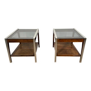 Late 20th Century Lane Mid Century Modern Glass and Cane End Tables - a Pair For Sale