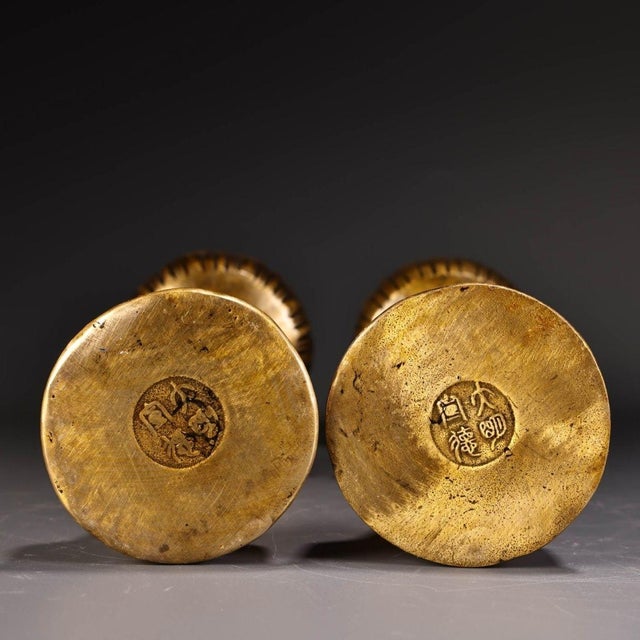 Pair Vintage Gilt Brass Cloisonné Dragon Phoenix Candlesticks, Lotus Top Candle Holders For Sale - Image 9 of 10