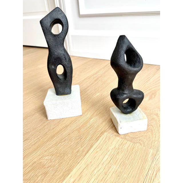 Ceramic Signed Abstract/Biomorphic Black Stoneware Sculptures After Georges Jouve, Modernist, 2011, a Pair For Sale - Image 7 of 11