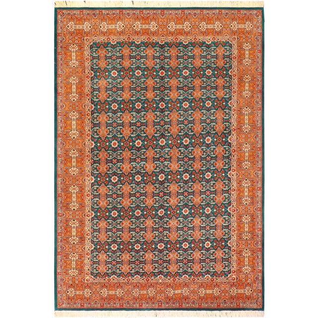 Shabby Chic 1990's Pak-Persian Teal/Orange Wool Rug - 6'3'' X 9'3'' For Sale - Image 9 of 9