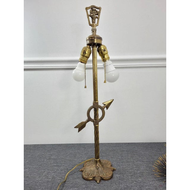 Vintage Brass Arrow Base & Ram Head Finial Dual Light Table Lamp For Sale - Image 11 of 11