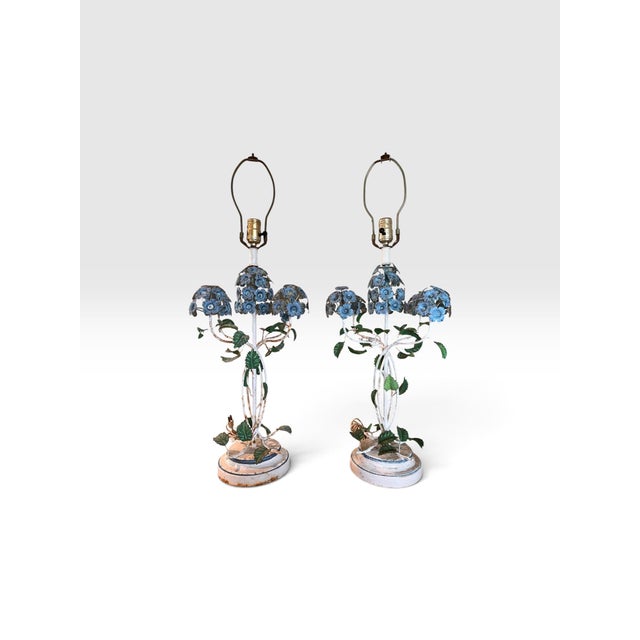 Blue Vintage Italian Hand-Painted Tole Floral Table Lamps, Made in Italy - a Pair For Sale - Image 8 of 12
