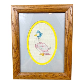 Vintage Framed Beatrix Potter Jemima Puddle Duck Cross Stitch Nursery Art For Sale