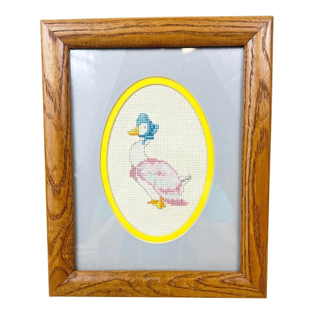Vintage Framed Beatrix Potter Jemima Puddle Duck Cross Stitch Nursery Art For Sale