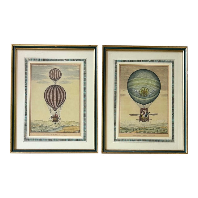 Framed Pair of Antique Italian Hot Air Balloon Prints For Sale
