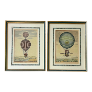 Framed Pair of Antique Italian Hot Air Balloon Prints