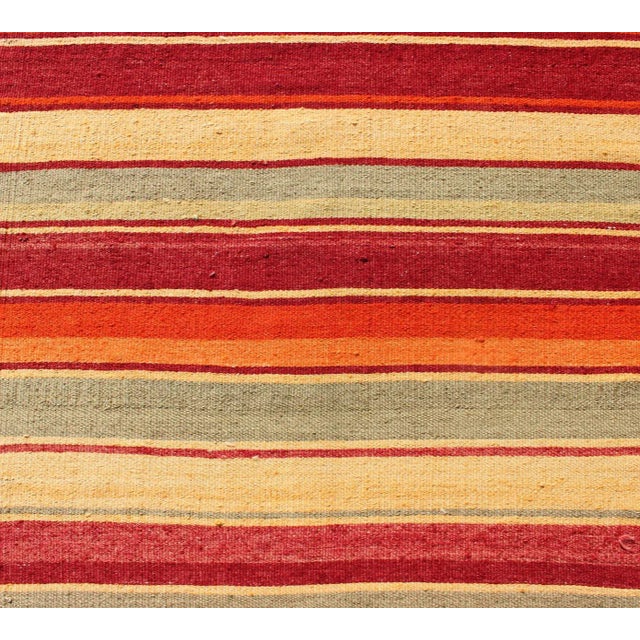 Green Vintage Hand Woven Turkish Kilim Runner With Stripes in Red, Green, Yellow, and Orange For Sale - Image 8 of 11