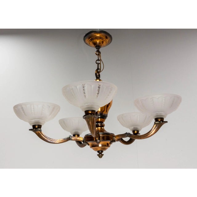 Metal French Red Copper and Frosted Glass Chandelier, 1940s For Sale - Image 7 of 7