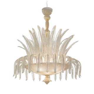 Contemporary Venetian White and Gold Leaves Murano Style Glass Chandelier For Sale