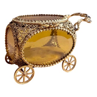 Antique Gilt Brass Filigree Jewelry Ormolu Casket, Palais Royal Style, Carriage Form, Hand-Finished, Likely Late 19th–early 20th Century For Sale