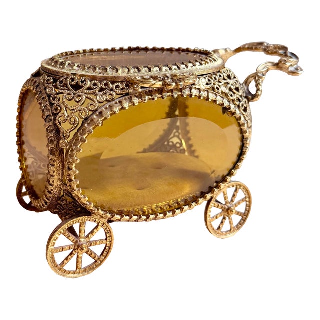 Antique Gilt Brass Filigree Jewelry Ormolu Casket, Palais Royal Style, Carriage Form, Hand-Finished, Likely Late 19th–early 20th Century For Sale