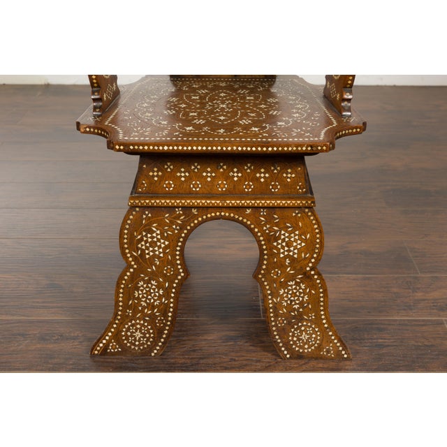 Moroccan Richly Inlaid Armchair with Carved Back and Scrolling Arms, circa 1900 For Sale - Image 11 of 12