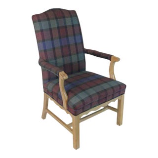 Baker High Back Arm Chair, Bleached White Washed Oak, Plaid Moire Fabric For Sale