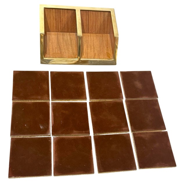 1980s Signed Karl Springer Marble and Brass Coasters With Caddy For Sale - Image 5 of 10