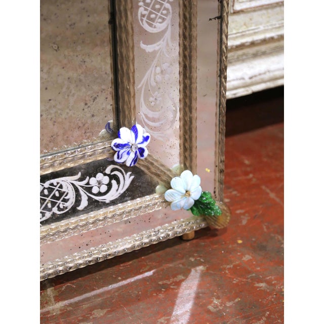 19th Century Venetian Cushion Overlay Wall Mirror With Murano Glass Flowers For Sale In Dallas - Image 6 of 12