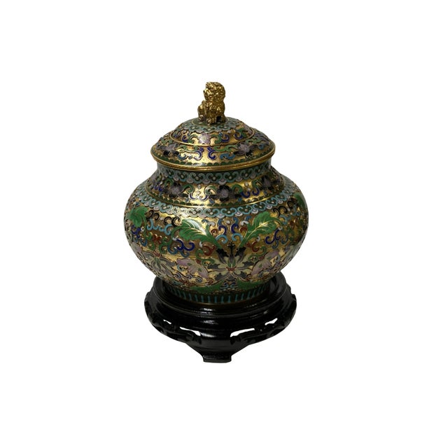 Metal Golden Green Metal Cloisonné Lion Flower Enamel Round Box Jar For Sale - Image 7 of 10