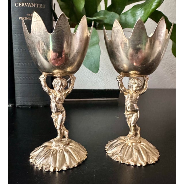 Vintage Renaissance Style Cherub/ Putti Gold Plated Metal Candle Holders, Eggs Cups - A Pair For Sale - Image 4 of 12
