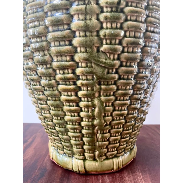 Mid 20th C. Embossed Basket-Weave Ceramic Green Vessel For Sale In Los Angeles - Image 6 of 8