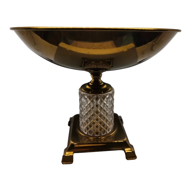Vintage Brass & Marble Base Fruit Compote Pedestal Bowl, 1960's For Sale