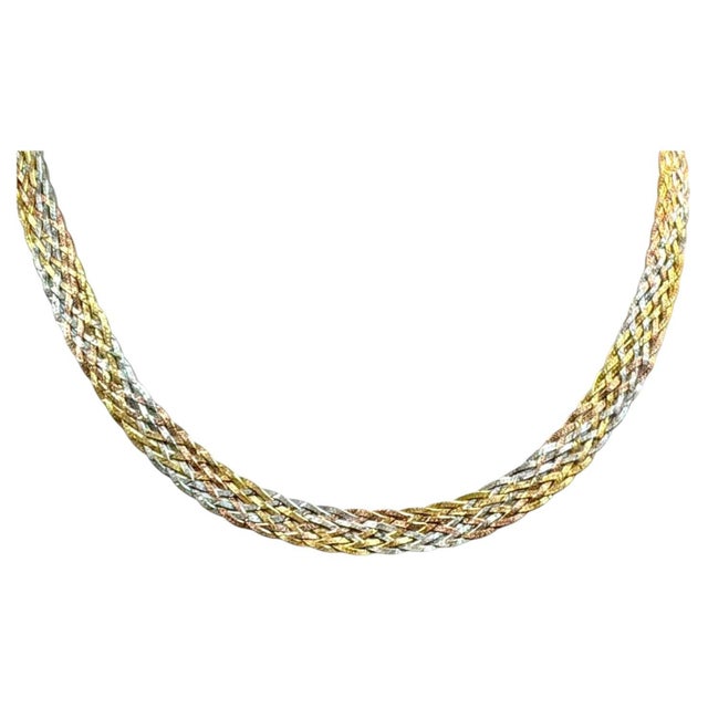Modern 14k Yellow, White, and Rose Gold Woven Necklace Vintage For Sale - Image 3 of 11