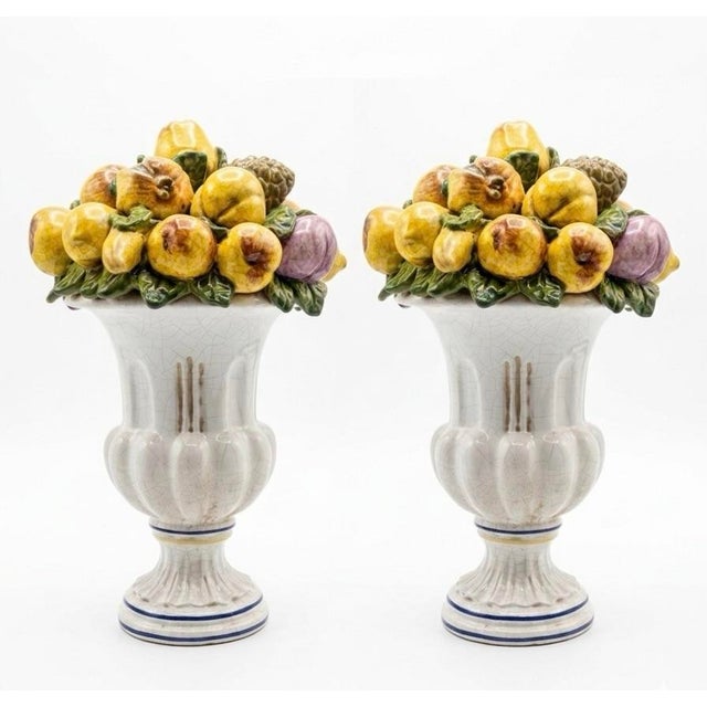 2000 - 2009 A Pair of Vintage Italian Majolica Fruit Topiary Centerpiece Urns For Sale - Image 5 of 9