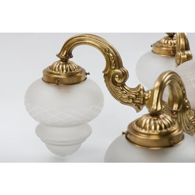 Brass 1950s Large Brass 5 Branch 7-Light Chandelier With Center Shade and Frosted Cut Glass Shades For Sale - Image 8 of 13